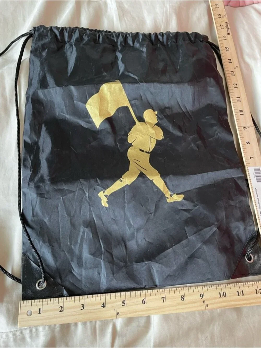 Black Drawstring bag cinch sack with gold graphic NWOT